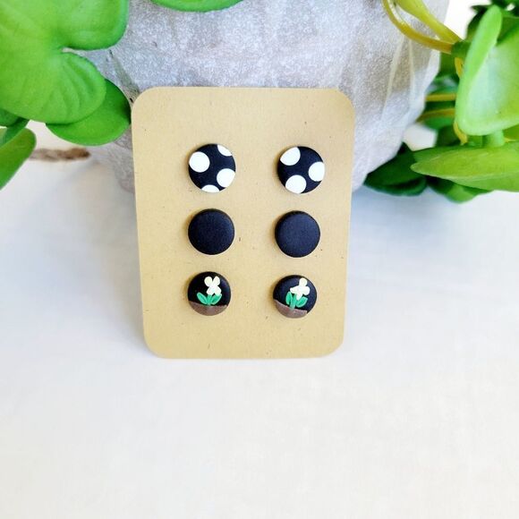 Polka dot, solid black and small flower pot clay earrings multipack - Picture 2 of 3